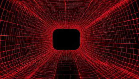 abstract 3d illustration of a red tunnel with glowing wireframeの素材