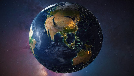 Planet Earth in space with visible country borders and city lights. 3D illustration.の素材