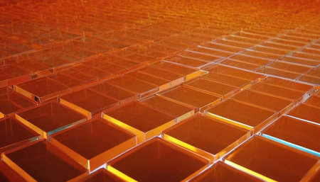 abstract background of empty glass cubes in a factory, closeup of photoの素材