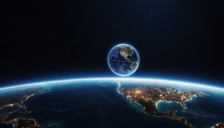 View of the planet Earth from space during a sunrise. 3D renderingの素材