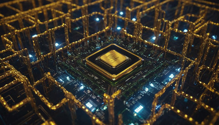 3d rendering of microchip in the center of the city at nightの素材