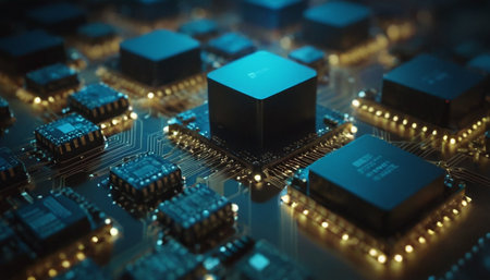 Circuit board with microchips close up. 3d renderingの素材