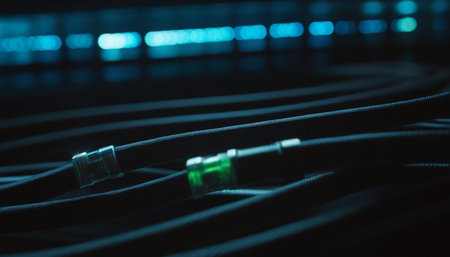 close up of fiber optic cables connected to internet server in data centerの素材
