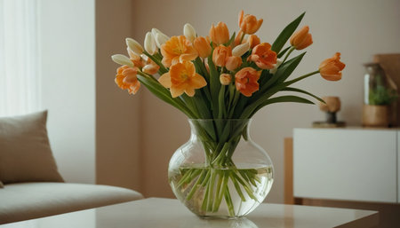 Bouquet of orange tulips in vase on table in living roomの素材