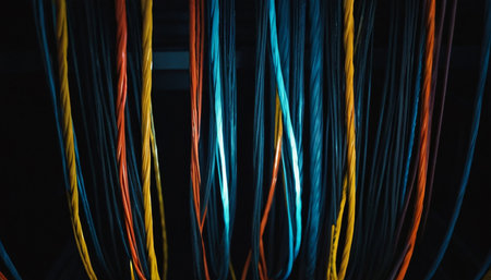 Multicolored network cables in a dark room, close-upの素材