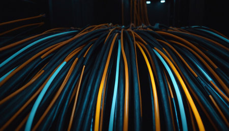 Fiber Optic cables in data center room. Technology background.の素材