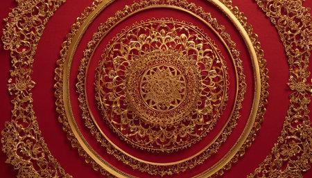 Luxury golden ornament on a red background. Selective focus.の素材