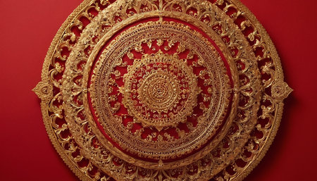 Thai gold plates on red background,Thai art pattern.の素材