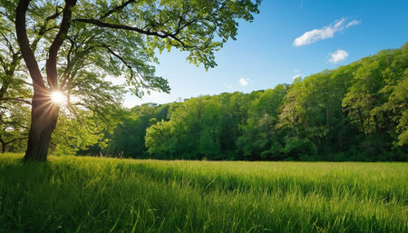 Beautiful spring landscape with green meadow and big oak tree.の素材
