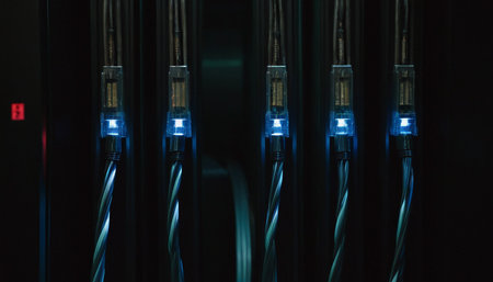 Fiber Optic cables in a data center, closeup of photoの素材