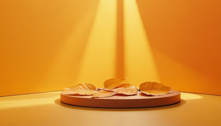 3d render of golden autumn leaves on podium with rays of lightの素材