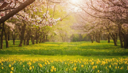Spring background with blooming trees and yellow tulips in blossomの素材