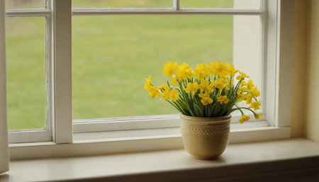 Yellow daffodils in a vase on a windowsillの素材