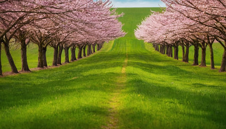 Cherry blossoms in full bloom along a road in the countrysideの素材