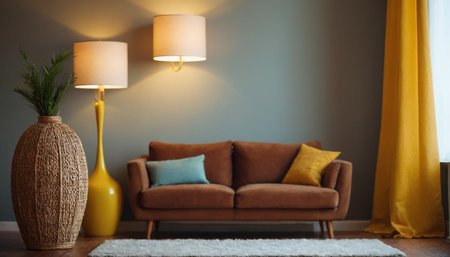 Interior of living room with brown sofa and yellow lamp. 3d renderingの素材