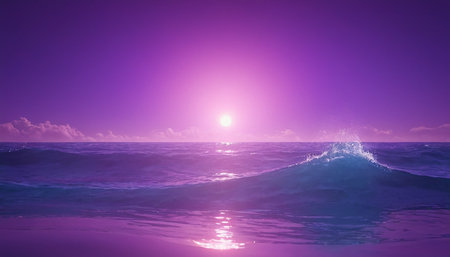 Sunset over the sea. 3D render of a sunset over the ocean.の素材