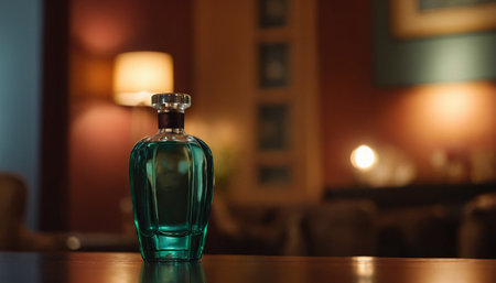 Bottle of perfume on the table in a restaurant. Selective focus.の素材