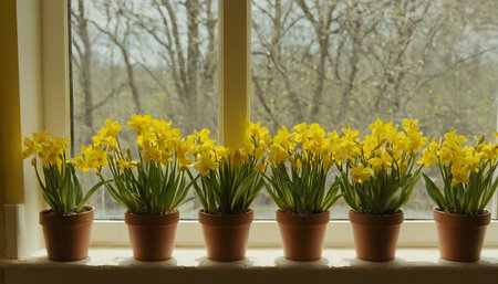 Yellow daffodils in pots on the windowsill. Springの素材