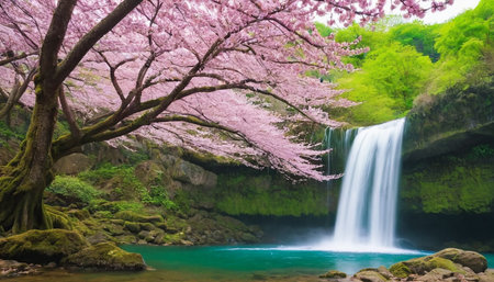 Cherry blossom and waterfall in springtime,Hokkaido,Japanの素材