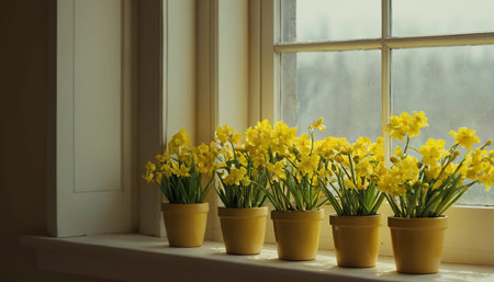 Yellow daffodils in yellow pots on the windowsill near the windowの素材