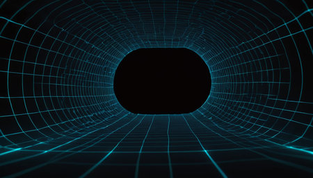 abstract 3d rendering of digital wireframe tunnel with glowing lightsの素材