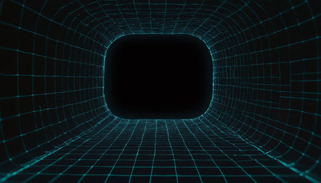 3d rendering of abstract digital wireframe tunnel with dark background.の素材