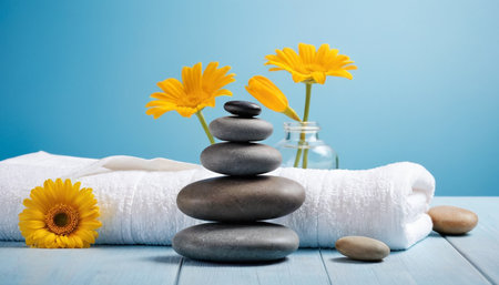 Spa still life with stack of stones and flowers on blue backgroundの素材