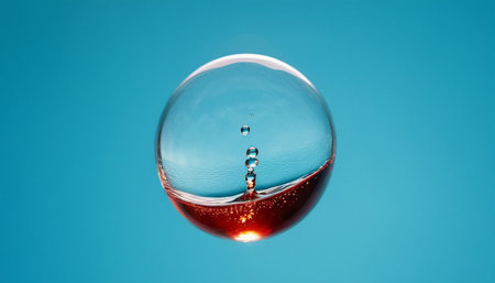 Drop of red wine falling into the water on a blue background.の素材