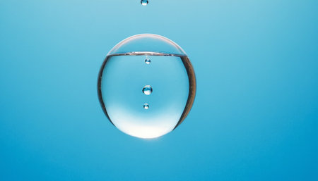 Water drop in a glass of water on a blue background with copy spaceの素材