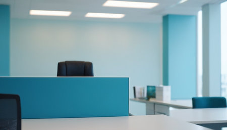 Blurred image of an empty meeting room in a modern office buildingの素材