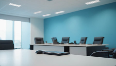 Tablet and chairs in the conference room, blur background with bokehの素材
