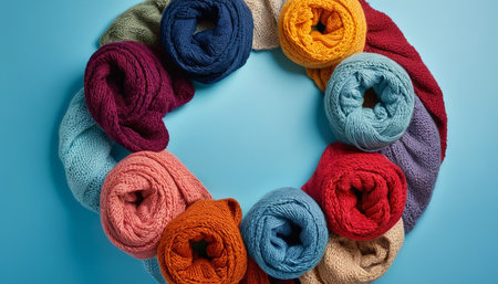 Colorful knitted scarves on blue background. Top view.の素材