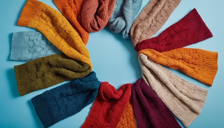 Colorful knitted scarves on blue background. Top view.の素材