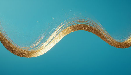 Abstract gold glitter wave on blue background. 3d rendering, 3d illustration.の素材