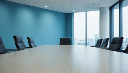 Modern conference room interior with blue walls, panoramic windows and wooden tableの素材
