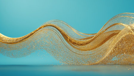 Abstract golden wave on a blue background. 3d rendering, 3d illustration.の素材
