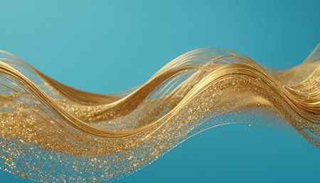 Golden wave on blue background. 3d rendering, 3d illustration.の素材