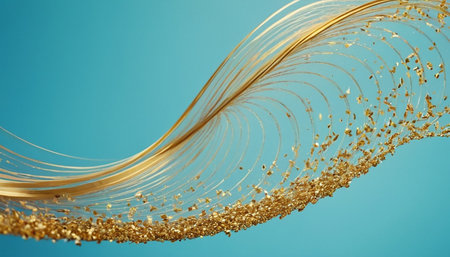Golden abstract wave on blue background. 3d rendering, 3d illustration.の素材