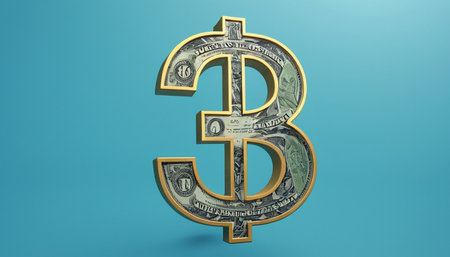 Golden dollar sign on blue background. 3D rendering. Computer digital drawing.の素材