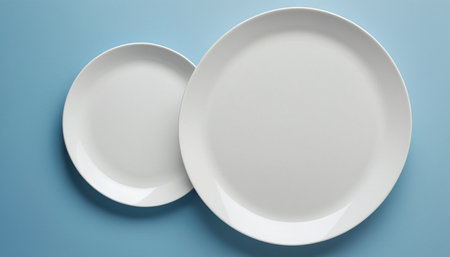 Empty white plate on blue background, top view. 3d renderingの素材