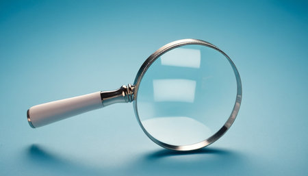 Magnifying glass on blue background. Focus on the magnifying glass.の素材