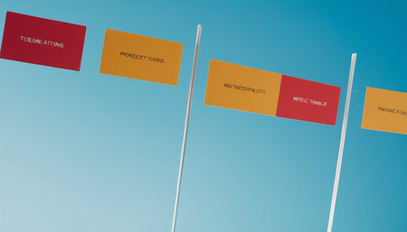 Three flags of the European Union on a flagpole against blue skyの素材