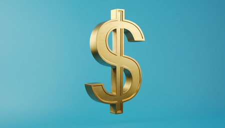Golden dollar symbol on blue background. 3D rendering. Computer digital drawing.の素材