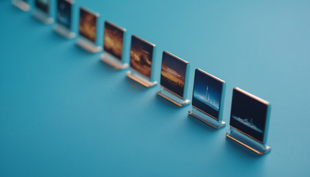 Close up view of a row of 3D slides on a blue background.の素材