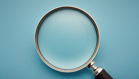 Magnifying glass on blue background. Minimalism concept. Top view.の素材