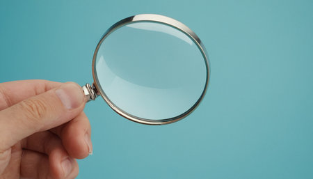Magnifying glass in hand on a blue background. Close up.の素材