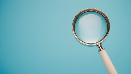 Magnifying glass on a blue background, close-up, copy spaceの素材