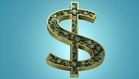 Dollar sign made of dollars on blue background. 3D illustration.の素材