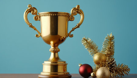 Golden trophy with christmas decorations on blue background. 3d illustrationの素材