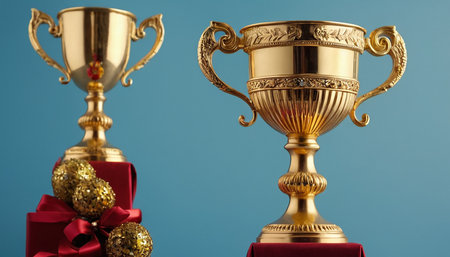 Trophy cup with red gift box and red ribbon on blue backgroundの素材